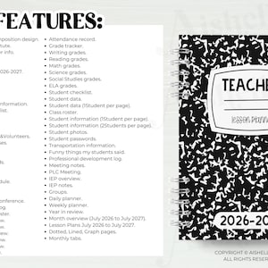 May include: A spiral-bound teacher lesson planner with a black and white composition notebook design. The cover reads "TEACHER" and "2026-2027". A list of features is displayed, including calendars, student data, and lesson plans. A pencil and a gold paper clip are also visible.