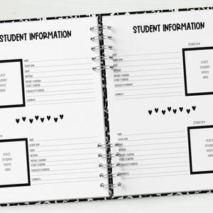 May include: Open notebook with student information pages. Each page has a black and white patterned border, with the words "STUDENT INFORMATION" at the top. There are spaces for photos and student details.