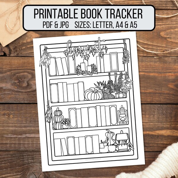 Printable September Bookshelf Book Tracker - Journal de lecture imprimable, Livres sur le thème de l'automne à lire Planificateur, Défi de lecture, Page de livre de coloriage