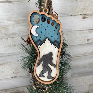 Bigfoot Christmas Ornament, Layered Wooden Sasquatch, Refrigerator Magnet