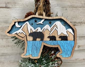Layered Bear Family Christmas Ornament, Baltic Birch, Hand Painted