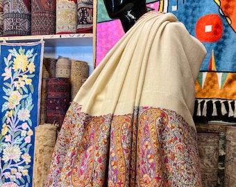 Handgjord elfenbensfärgad pashminasjal, Palla-design broderad sjal, 100*200 cm