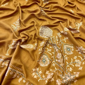 Gold Pashmina Shawl, Classic Pashmina Wrap, Ladies Shawl, Hand Embroidery Pashmina Shawl, Needle Embroideries, Unisex Cashmere Wrap, Scarf