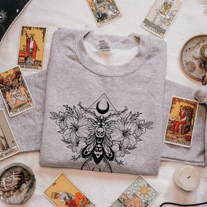 Gothic Moth Sweatshirt, Floral Celestial Sweatshirt, Tattoo Inspired Shirt, Skull Moth, Moon Moth, Witchy Moth Sweater, Cute Goth Gift image 2