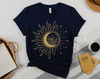 Floral Gold Celestial Sun Moon and Stars T Shirt, Floral Moon Phases Shirt, Witchy Celestial Boho, Mystic Botanical Tee