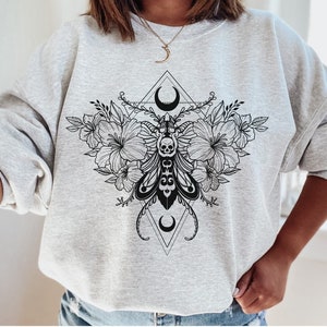 Gothic Moth Sweatshirt, Floral Celestial Sweatshirt, Tattoo Inspired Shirt, Skull Moth, Moon Moth, Witchy Moth Sweater, Cute Goth Gift Ash