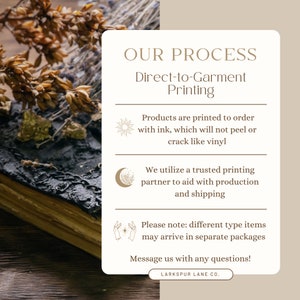 May include: A graphic with the text "OUR PROCESS" and "Direct-to-Garment Printing" in brown text on a beige background. The graphic also includes three icons with text describing the process: "Products are printed to order with ink, which will not peel or crack like vinyl", "We utilize a trusted printing partner to aid with production and shipping", and "Please note: different type items may arrive in separate packages". The graphic ends with the text "Message us with any questions!" and "LARKSPUR LANE CO."