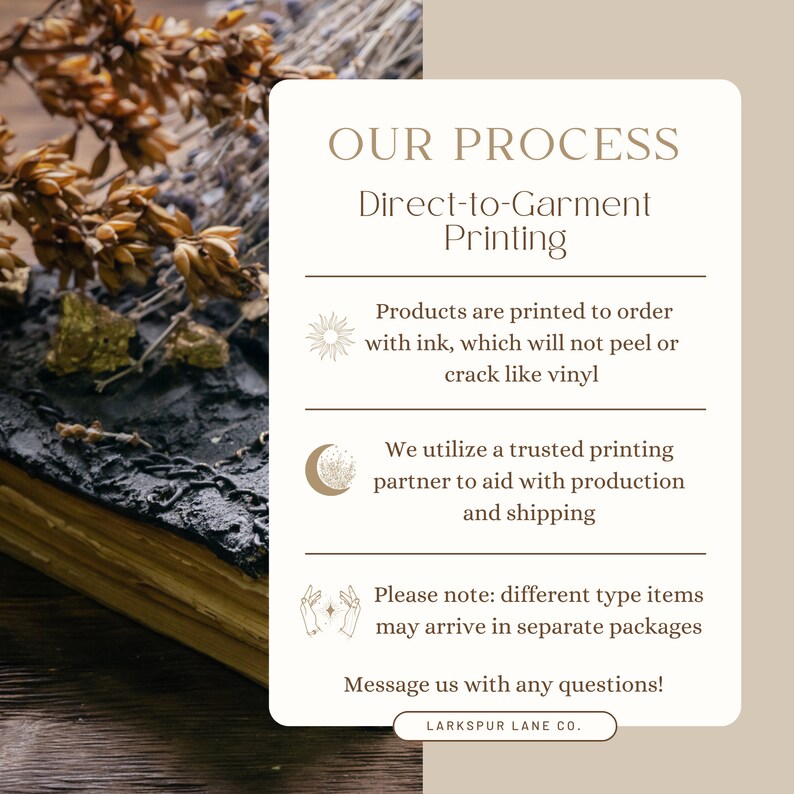 May include: A graphic with the text "OUR PROCESS" and "Direct-to-Garment Printing" in brown text on a beige background. The graphic also includes three icons with text describing the process: "Products are printed to order with ink, which will not peel or crack like vinyl", "We utilize a trusted printing partner to aid with production and shipping", and "Please note: different type items may arrive in separate packages". The graphic ends with the text "Message us with any questions!" and "LARKSPUR LANE CO."