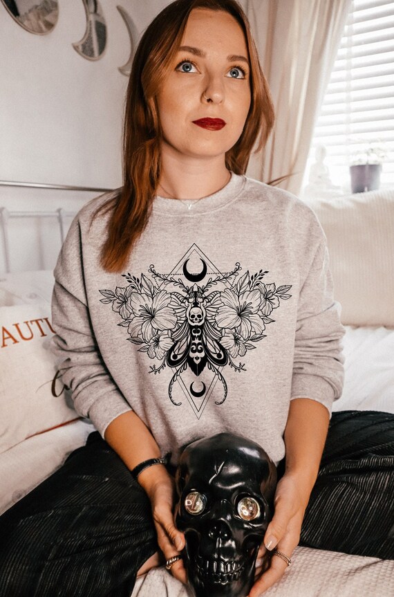 Gothic Moth Sweatshirt, Floral Celestial Sweatshirt, Tattoo Inspired Shirt, Skull Moth, Moon Moth, Witchy Moth Sweater, Cute Goth Gift