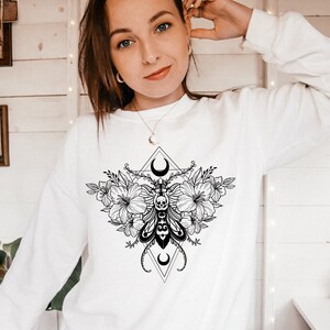 Gothic Moth Sweatshirt, Floral Celestial Sweatshirt, Tattoo Inspired Shirt, Skull Moth, Moon Moth, Witchy Moth Sweater, Cute Goth Gift image 4