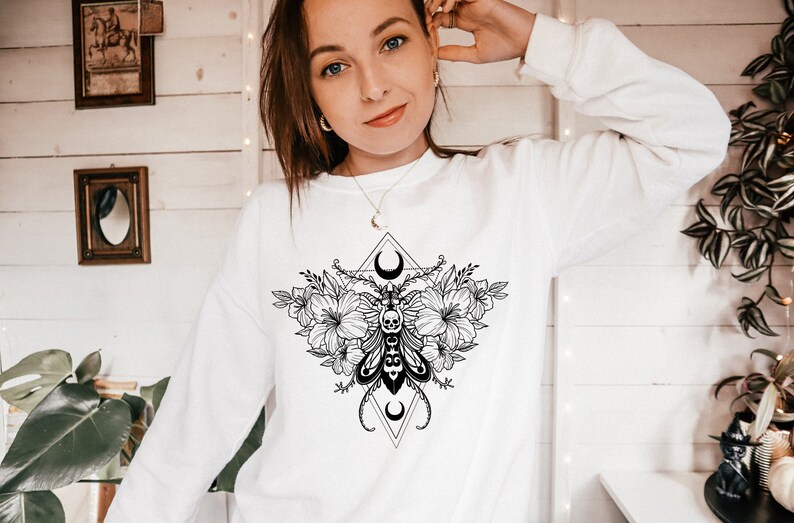 Gothic Moth Sweatshirt, Floral Celestial Sweatshirt, Tattoo Inspired Shirt, Skull Moth, Moon Moth, Witchy Moth Sweater, Cute Goth Gift image 4