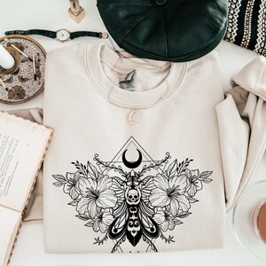 Gothic Moth Sweatshirt, Floral Celestial Sweatshirt, Tattoo Inspired Shirt, Skull Moth, Moon Moth, Witchy Moth Sweater, Cute Goth Gift image 3