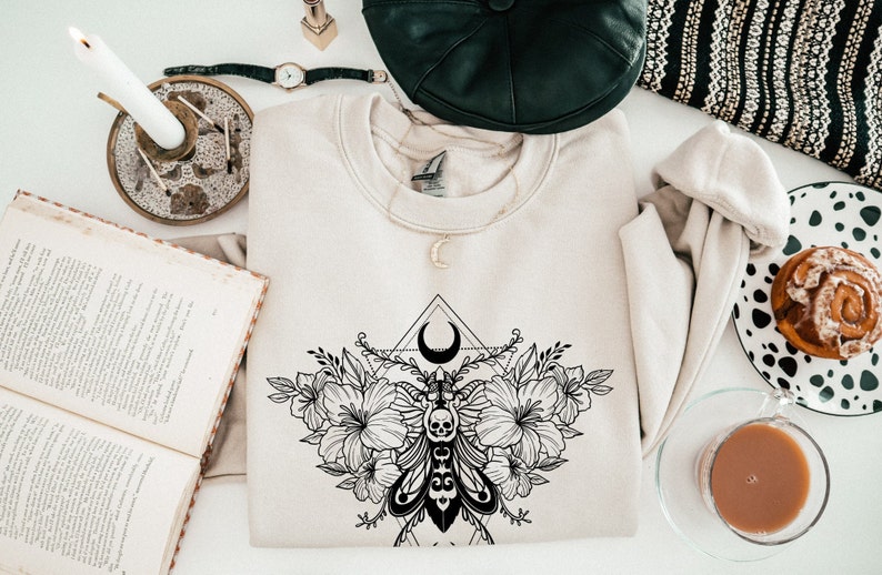 Gothic Moth Sweatshirt, Floral Celestial Sweatshirt, Tattoo Inspired Shirt, Skull Moth, Moon Moth, Witchy Moth Sweater, Cute Goth Gift image 3