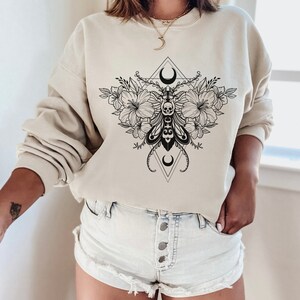 Gothic Moth Sweatshirt, Floral Celestial Sweatshirt, Tattoo Inspired Shirt, Skull Moth, Moon Moth, Witchy Moth Sweater, Cute Goth Gift Sand