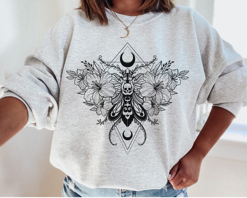 Gothic Moth Sweatshirt, Floral Celestial Sweatshirt, Tattoo Inspired Shirt, Skull Moth, Moon Moth, Witchy Moth Sweater, Cute Goth Gift Ash