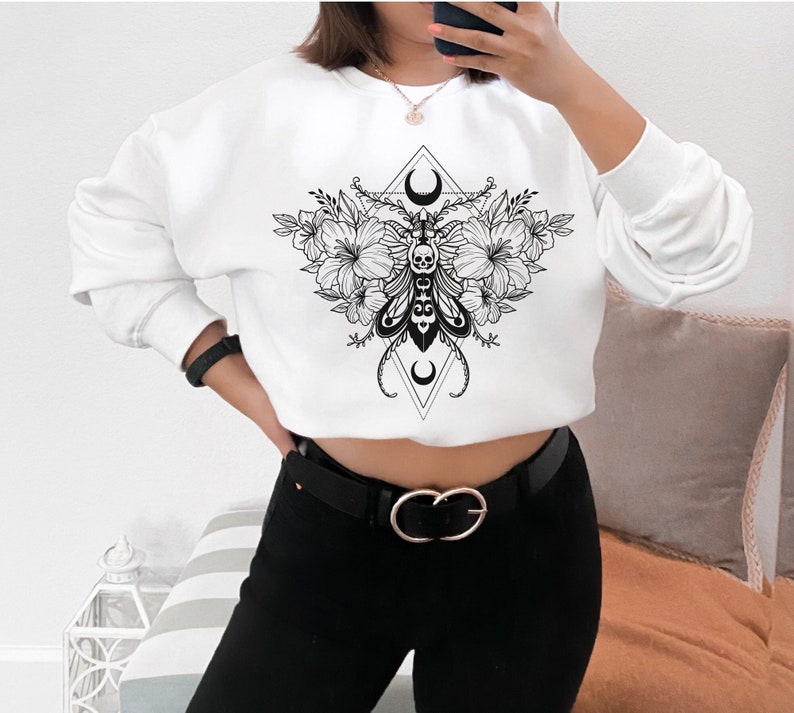 Gothic Moth Sweatshirt, Floral Celestial Sweatshirt, Tattoo Inspired Shirt, Skull Moth, Moon Moth, Witchy Moth Sweater, Cute Goth Gift White