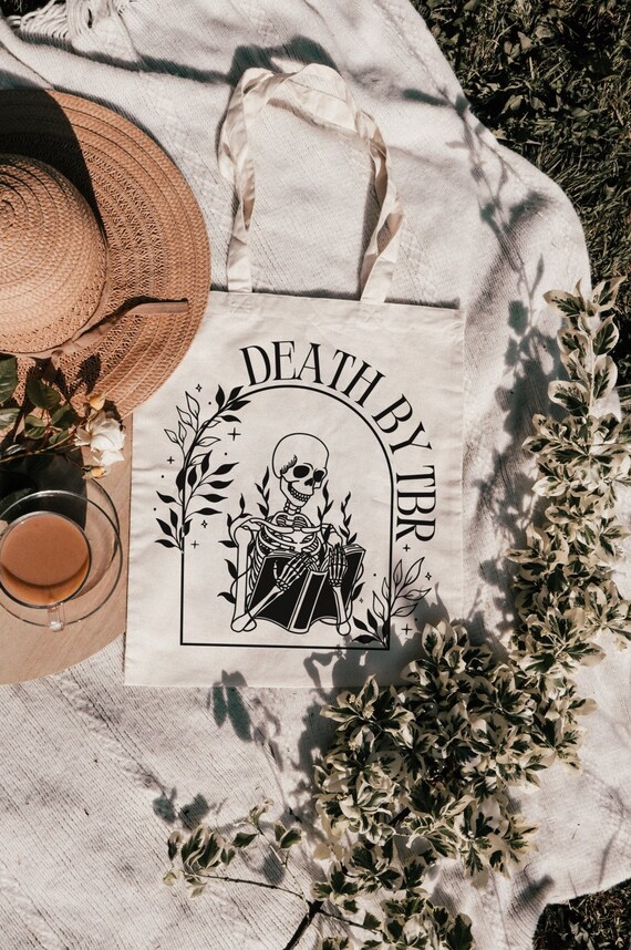 Death By TBR Tote Bag, Bookish Tote, TBR Tarot, TBR Bookbag, Gift for Book Lover, Reader Gift, Gothic Skeleton Reusable Bag