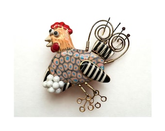 Cynthia Chuang Chicken Brooch: Hand-Painted Porcelain, Vintage Estate Jewelry