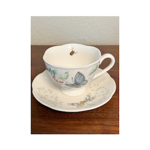 Butterfly meadow teacup and saucer, Lenox teacup and saucer, vintage teacup and saucer, porcelain teacup and saucer, collectible porcelain