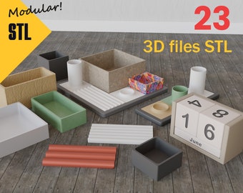 May include: A set of 23 modular 3D printed desk organizers in various colors and shapes, including a calendar, trays, and containers. The 3D files are available in STL format.