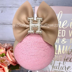 Rhinestone Pearl Big Letter | Big Bow On Headband | Tan Brown Rhinestone Pearl Letter Bow