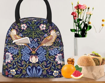 William Morris Art Lunch Bag, Sac à lunch isotherme Strawberry Thief, Sac isotherme pour aliments de pique-nique, Sac réutilisable à motif de fleurs d'oiseaux, Sac étanche
