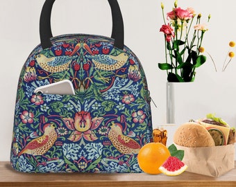 William Morris Lunch Bag, Strawberry Thief Insulated Lunch Bag, Retro Bird Bento Bag, Insulated Bento Bag For School Picnic, Christmas Gift