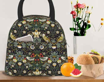 William Morris Insulated Lunch Bag, Artistic Office Lunch Bag, Strawberry Thief Portable Bag, Picnic Bento Bag, Strawberry Plant Lunch Bag