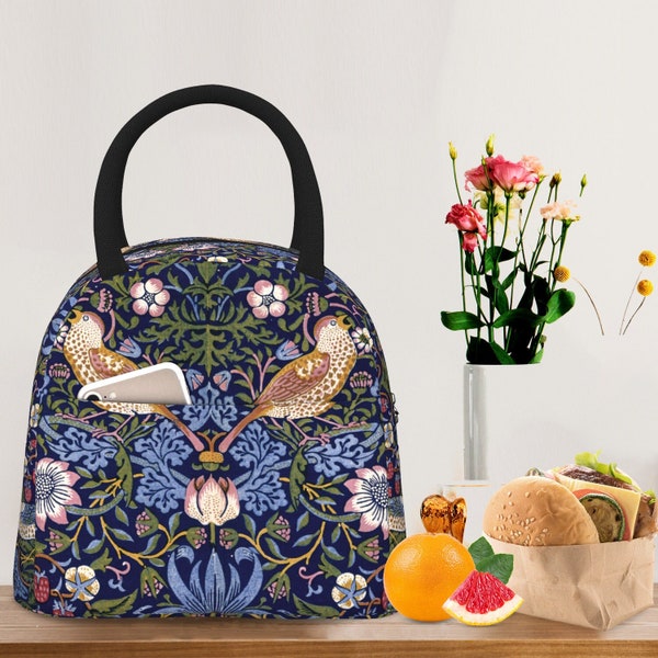 William Morris Art Lunch Bag,Strawberry Thief Insulated Lunch Bag,Picnic Food Insulation Bag,Bird Flower Pattern Reusable Bag,Waterproof Bag