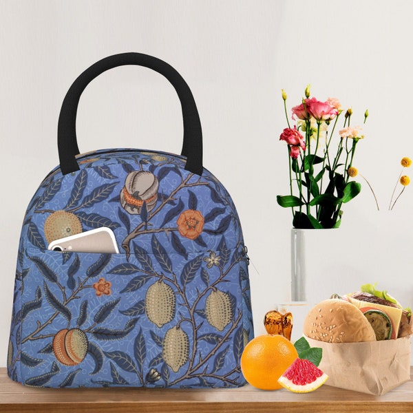 Lemon Tree Insulated Lunch Bag,William Morris Blue Office Food Bag,Oil Proof School Lunch Bag,Artistic Picnic Bento Bag,Reusable Lunch Bag