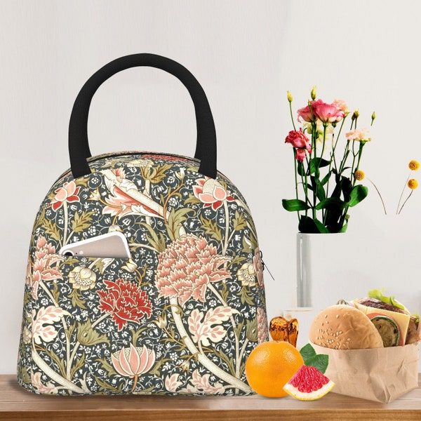 William Morris Vintage Flower Lunch Bag, Office Insulated Lunch Bag, Picnic Oil Proof Bento Bag, Picnic Food Bag, Back To School Gift