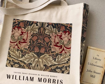 Vintage rote Blumen Tragetasche, William Morris Art Canvas Tasche, Urlaubstasche mit hoher Kapazität, Handtasche Schultertasche, Weihnachtsgeschenk, einzigartiges Geschenk