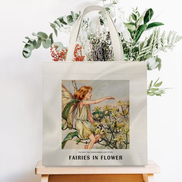 Vintage Flower Fairy Canvas Bag, Daisy Elf Tote Bag, Green Fresh Handbag,Anniversary Gift For Her,Fairy Wings Bag,Large Capacity Grocery Bag
