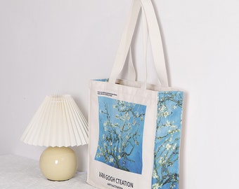 Vintage Plant Printed Canvas Bag|Fashion Shoulder Bag|Apricot Flowe Painting Handbag|Van Gogh Tote Bag|Beach Canvas Bag|Vincent Art Tote Bag