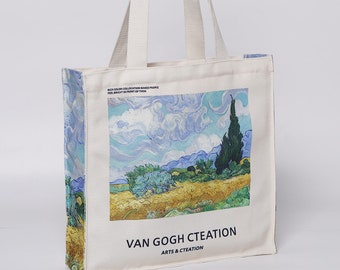 Van Gogh Wheat Field Oil Painting Canvas Tote Bag|Versatile Canvas Bag For College Students|Commuter Zipper Shoulder Bag|Reusable Tote Bag