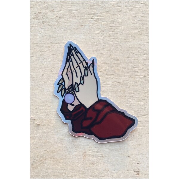 die cut holographic glossy sticker of Inuyasha prayer hands with Shikon jewel shards