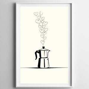 Puede incluir: Dibujo lineal en blanco y negro de una cafetera con vapor en forma de corazones. La obra de arte está sobre un fondo crema y enmarcada en blanco. Un diseño minimalista para la decoración de la cocina.