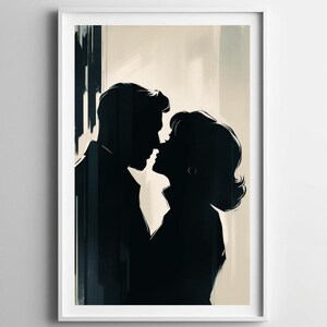 May include: Framed art print featuring a black silhouette of a couple in an embrace, their faces close. The artwork is set against a neutral background, with a white frame. The image evokes romance and intimacy, suitable for home decor.