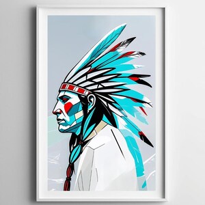 Puede incluir: Lámina enmarcada que presenta un retrato estilizado de un nativo americano de perfil. La obra de arte muestra un tocado con plumas turquesas, negras y rojas. La figura tiene una cinta para la cabeza roja y blanca y una camisa blanca. El fondo es gris claro.