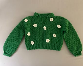 Crochet Sweater with Collar, Colorblock Crochet Pullover, Handmade Boxy Sweater, Minimalist Collared Sweater, Cozy Fall Winter Sweater