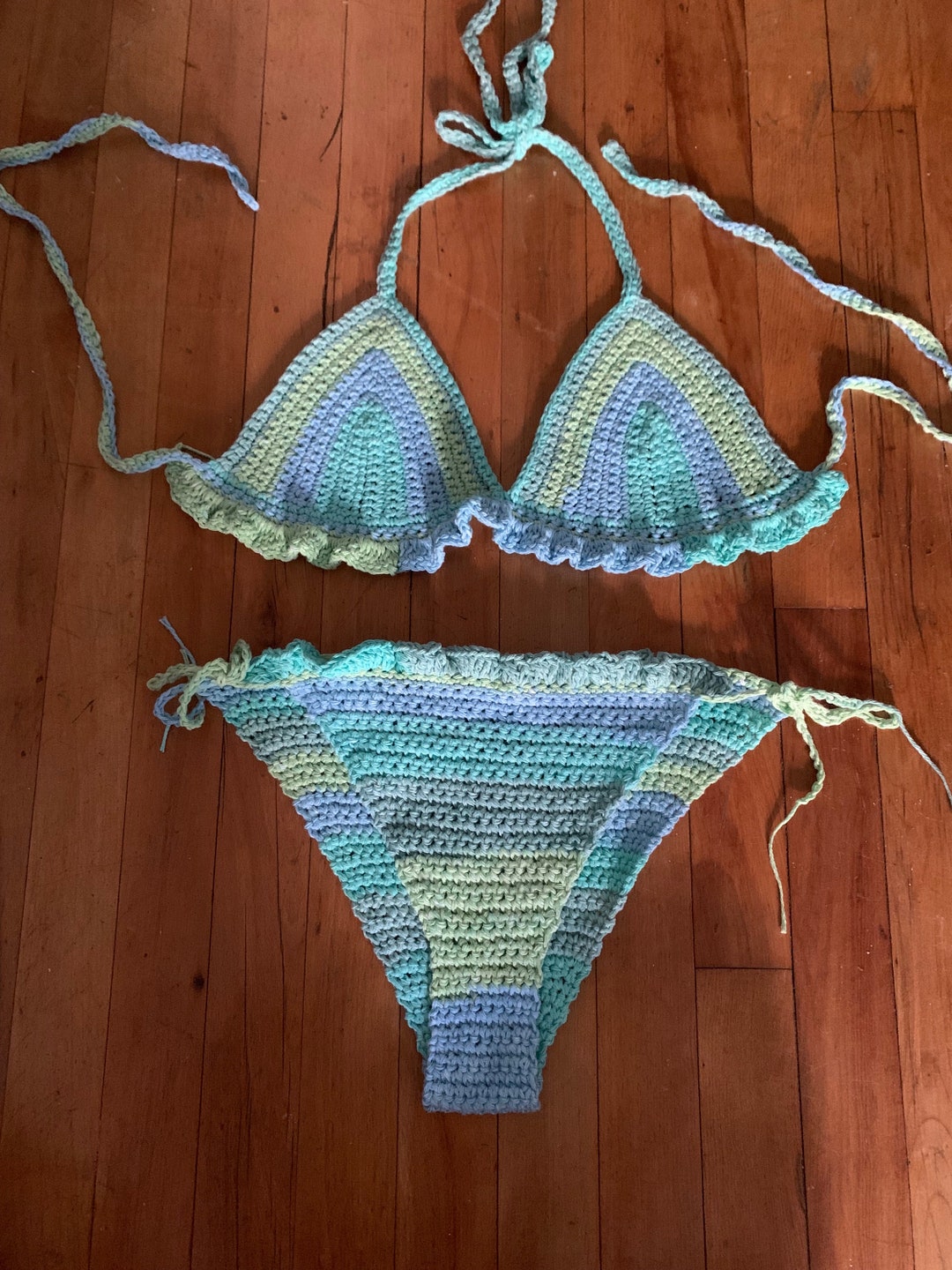 RUFFLED Bikini SET Full Coverage High Cut High Waist Triangle Crocheted ...