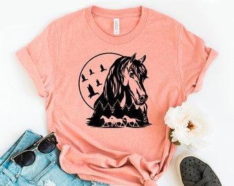 Pferde-T-Shirt, Reit-Shirt, Natur-Geschenk, Pferdebesitzer-Shirts, Reit-T-Shirt, Reit-Top, Tier-Silhouette-Shirt, Natur-Geschenk