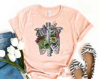 Floral Ribcage T-shirt, Floral Skeleton Shirt, Halloween Gift, Botanical Tee, Flowers Top, Plants Growing Shirts, Fall Shirt, Halloween Gift