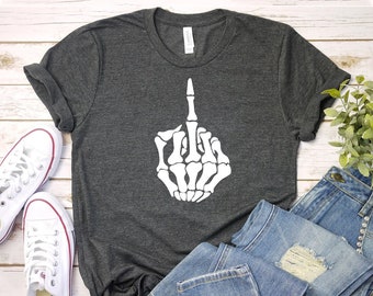 Middle Finger T-shirt, Skeleton Finger Gift, Humor Tee, Funny Top, Skeleton Shirt, Halloween Party Top, Pocket Skeleton Shirts, Women's GIft