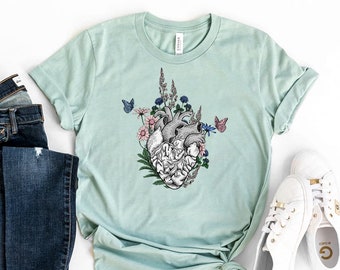 Camiseta con corazón de flores, camisa de flores, regalo de fiesta de cumpleaños, camiseta de doctor, camisa de enfermera, camisa de salud, camiseta de dama, camisas de mamá, camisa de mujer