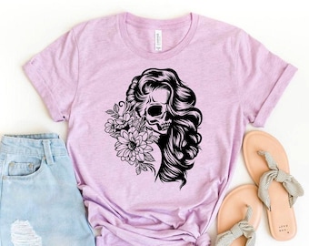 Floral Woman Skull T-shirt, Floral Skull Shirt, Boho Gift, Blooms Tee, Halloween Top, Spooky Shirt, Inspirational Gift, Feminist T-shirt