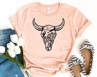 Kuhschädel T-Shirt, Western Shirt, Jagd Geschenk, Reise-T-Shirt, Boho Kuhschädel Top, Rodeo Shirts, Sonnenblume T-shirts, Mom Shirt, Mama Shirt