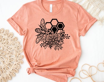 Blumenbienen-T-Shirt, botanisches Hemd, Sommertop, Sonnenblumenhemd, Natur-T-Shirt, Inspirationsgeschenk, Wildblumenhemd, Bienenliebhaber oben