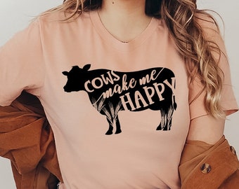 Kor gör mig glad T-shirt, bondeskjorta, kobonde-t-shirt, jultopp, bondflicka-tröja, ko-mamma-present, födelsedagströja för ko, damtröja