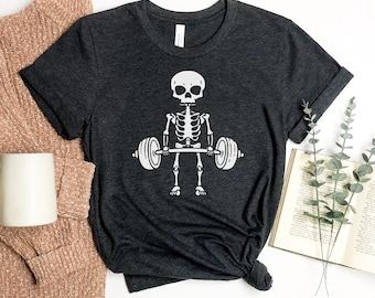 Deadlift Skeleton T-shirt, Halloween Shirt, Weight Lifting Top, Fitness Gift, Gym Shirt, Barbell Tee, Ghost T-shirt, Skeleton Tee, Women Top